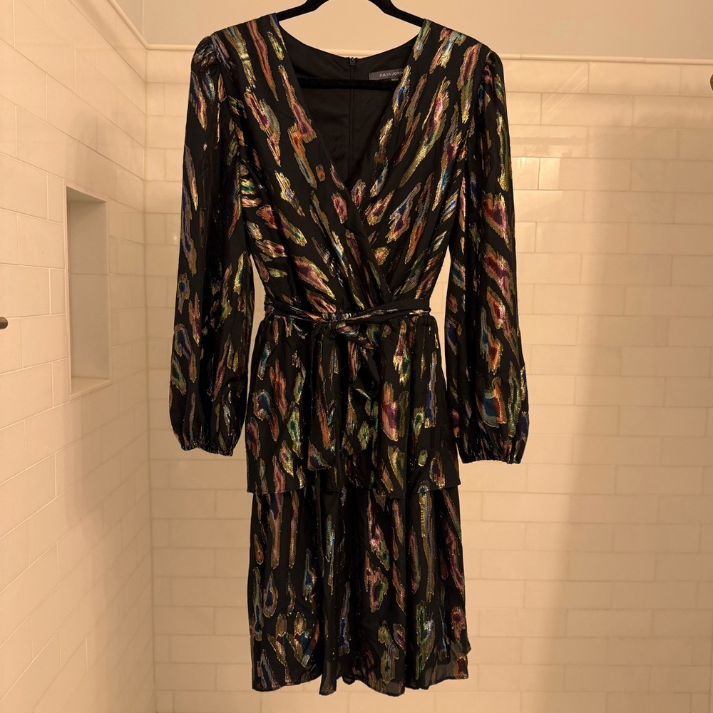 Julia Jordan Metallic Long-Sleeve Faux Wrap Dress